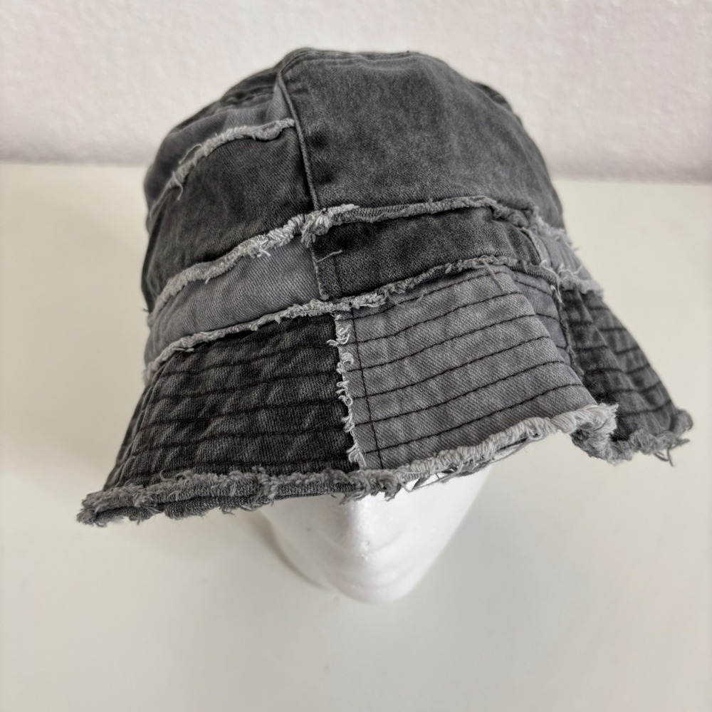David & Young Black Acid Wash Patchwork Denim Bucket Hat Distressed Grunge Y2K